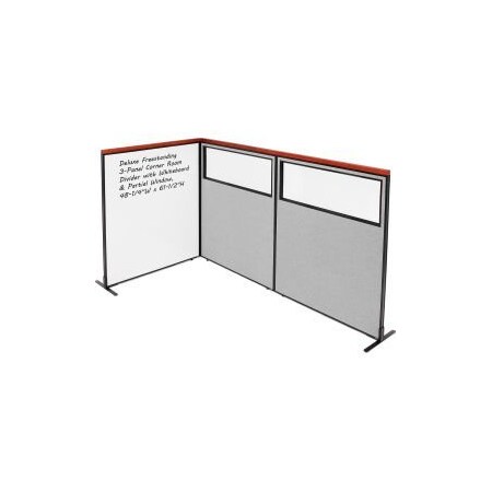 Global Equipment Interion    Deluxe Freestanding 3-Panel Corner w/Whiteboard   Partial Window 48-1/4Wx61-1/2H Gray 695189GY